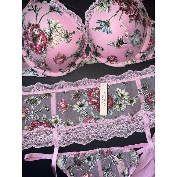 Victoria's Secret 34B BRA SET+garter+thong+S BABYDOLL gown PINK floral appliqué - Picture 4 of 11